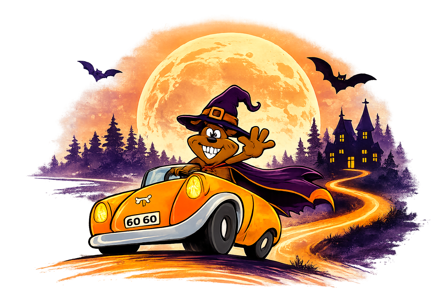 Get a Go Go mascot in a witch's hat waving from an orange car, with a full moon, bats and haunted castle behind.